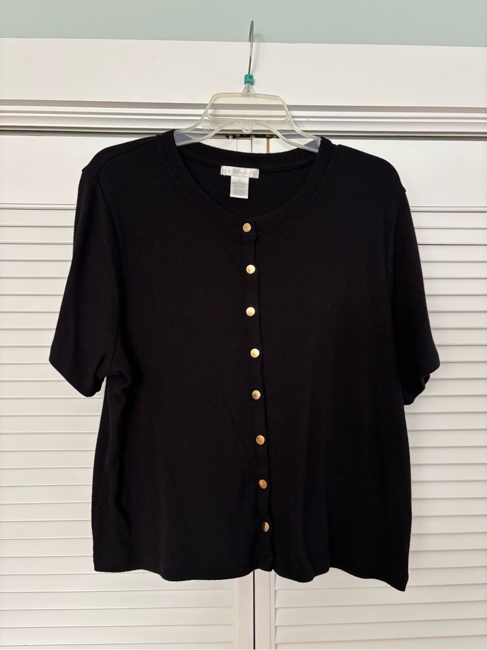 Design History Black Short-Sleeve Button Cardigan with Gold Buttons